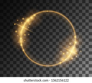 Glowing light. Abstract yellow effect. Golden vector light effects with particles decoration isolated on the transparent background. Spinning circle with bright leaves.