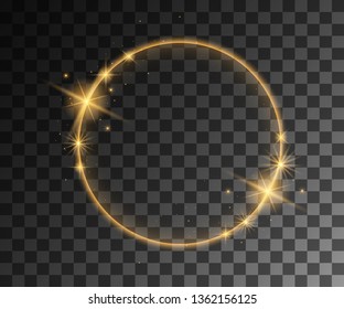Glowing light. Abstract yellow effect. Golden vector light effects with particles decoration isolated on the transparent background. Spinning circle with bright leaves.