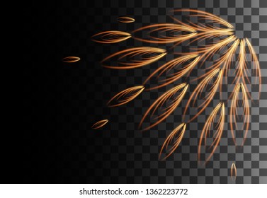 Glowing light. Abstract yellow effect. Golden vector light effects with particles decoration isolated on the transparent background. Spinning circle with bright leaves.