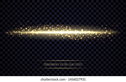Glowing light beam with sparkles isolated on transparent background. Horizontal ray ligh effect. Vector illustration.