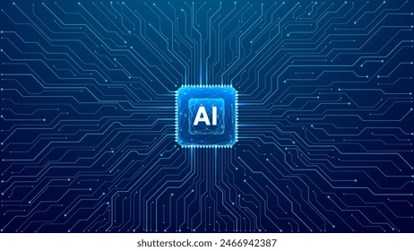 Glowing light blue neon AI chip with thin circuit contact lines. AI chip on technology background. Abstract digital tech background in monochrome blue. Semiconductor on a board. Vector illustration.