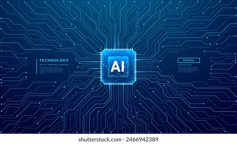 Glowing light blue neon AI chip with thin circuit contact lines. AI chip on technology background. Free text space. Abstract digital tech background. Semiconductor on board. Vector illustration