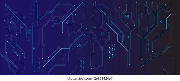 Brilhante luz azul neon AI chip com linhas de contato de circuito fino.