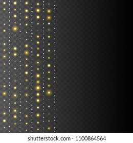 Glowing light border on dark background. Half transparent shiny garland. Vector illustration for your graphic design.