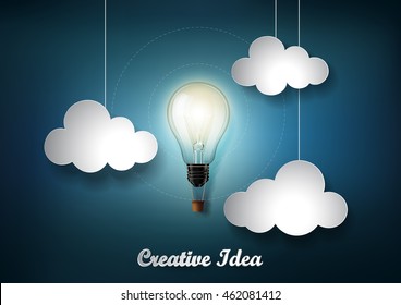Glowing light bulb is among a lot of cloud on dark blue background with Origami paper cut style, Representation of creative business idea concept,  Vector