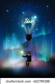 Glowing light bulb is among a lot of stars on aurora blue sky, business man on rope swing reach star, Representation of creative business idea concept, Vector