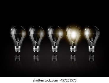 Glowing light bulb is among a lot of turned off light bulbs on black background , concept idea , Transparent Vector