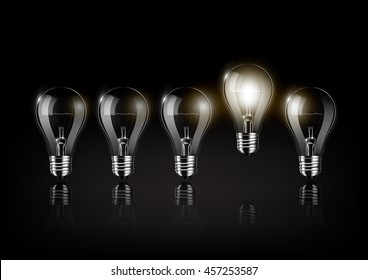 Glowing light bulb is among a lot of turned off light bulbs on black background , concept idea , Transparent Vector