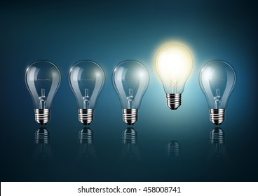 Glowing light bulb is among a lot of turned off light bulbs on dark blue background , concept idea , Transparent Vector