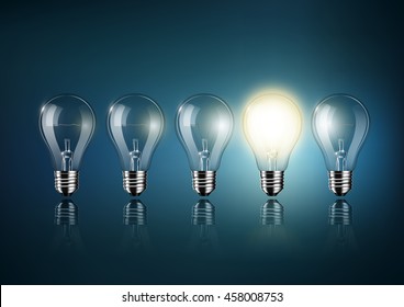 Glowing light bulb is among a lot of turned off light bulbs on dark blue background , concept idea , Transparent Vector