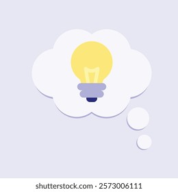 A glowing light bulb appears inside a thought bubble with two small bubbles trailing behind on a light purple background