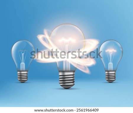 Glowing light bulb. In the background is a group of faded light bulbs. Vector illustration