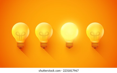 Glowing Light Bulb between the others on yellow light background. Leadership, innovation, great idea and individuality concepts. Vector illustration