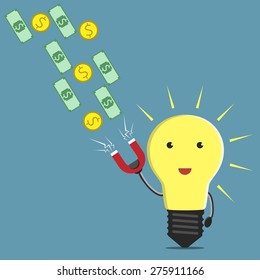 Glowing light bulb character with magnet attracting money. Creativity, innovation, business, success, money, investments, wealth concept. EPS 10 vector illustration, no transparency