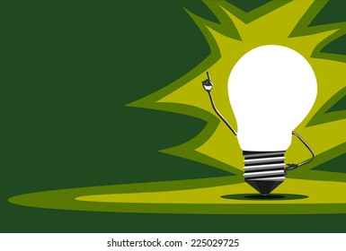 Glowing light bulb character in moment of insight standing on green background, EPS 10 vector illustration