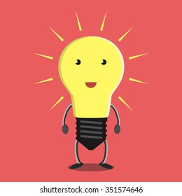 Glowing light bulb character on red background. Idea, insight, solution, inspiration, eureka, success and aha moment concept. EPS 8 vector illustration, no transparency