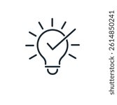 Glowing light bulb with check mark. Quick tip. Vector linear icon isolated on white background.