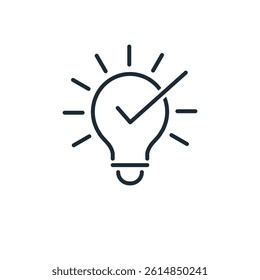 Glowing light bulb with check mark. Quick tip. Vector linear icon isolated on white background.