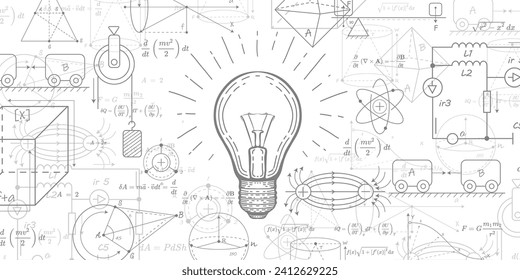 Glowing light bulb concept. School background in physics and mathematics . Formulas and drawings.Vector illustration.