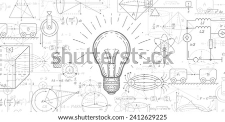 Glowing light bulb concept. School background in physics and mathematics . Formulas and drawings.Vector illustration.
