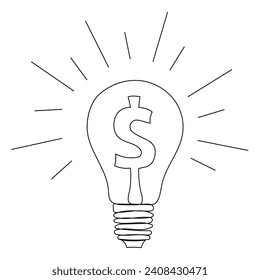 Glowing light bulb with dollar sign and rays, line art style, one line. Concept of idea, profit, income, commerce, sales. Hand drawing