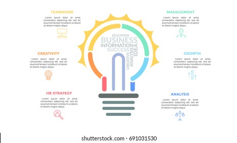 Glowing light bulb drawn with thick colorful lines surrounded by linear symbols and text boxes. Concept of creativity and idea realization. Minimal infographic design template. Vector illustration.