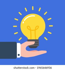 Glowing light bulb floating over a hand of businessman. Creative concept of business idea, solution, innovation, or inspiration. Simple trendy cute cartoon vector illustration. Flat style graphic.