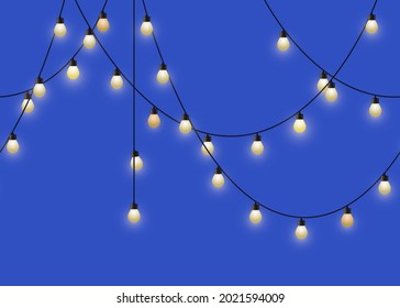 Glowing light bulb garland. Repeated decorative lamp garland. Wall decor for party. Vector