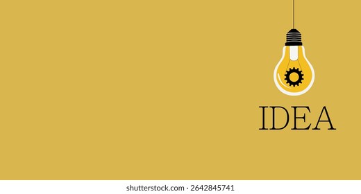Glowing light bulb with gear on yellow background. Concept of new idea. Place for insertion. Vector image.