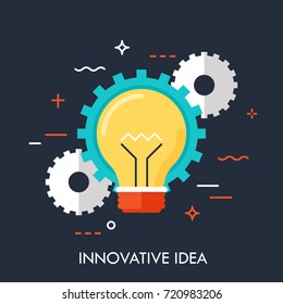 Glowing light bulb and gear wheels on dark background. Concept of innovative idea, creativity, modern technology and technological novelty. Creative vector illustration for banner, poster, website.