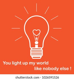 Glowing light bulb with glower in the shape of a heart and the inscription. Design for banner, poster or print. Greeting card Valentine's Day.