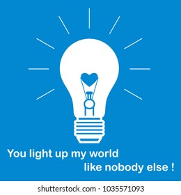 Glowing light bulb with glower in the shape of a heart and the inscription. Design for banner, poster or print. Greeting card Valentine's Day.