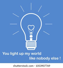 Glowing light bulb with glower in the shape of a heart and the inscription. Design for banner, poster or print. Greeting card Valentine's Day.