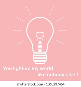 Glowing light bulb with glower in the shape of a heart and the inscription. Design for banner, poster or print. Greeting card Valentine's Day.