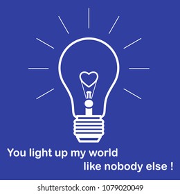 Glowing light bulb with glower in the shape of a heart and the inscription. Design for banner, poster or print. Greeting card Valentine's Day.