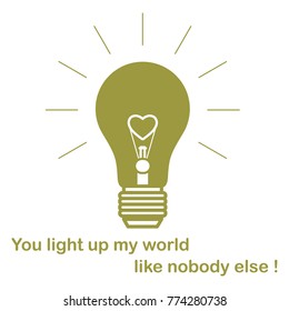 Glowing light bulb with glower in the shape of a heart and the inscription. Design for banner, poster or print. Greeting card Valentine's Day.