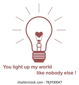 Glowing light bulb with glower in the shape of a heart and the inscription. Design for banner, poster or print. Greeting card Valentine's Day.