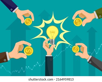 Glowing light bulb in the hand of a businessman. New business startup. idea crowdfunding. Vector illustration in flat graphics style