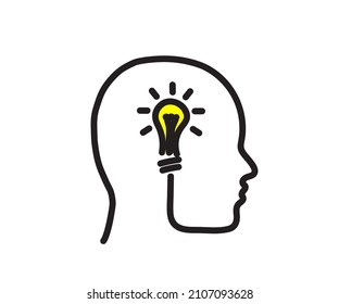 Glowing light bulb in the head. Symbol. Vector illustration.