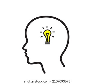 Glowing light bulb in the head. Symbol. Vector illustration.