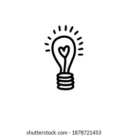 Glowing light bulb with heart isolated on white background.the filament is in the shape of a heart. vector illustration in doodle style. Design for Valentine's Day, Wedding, Invitation