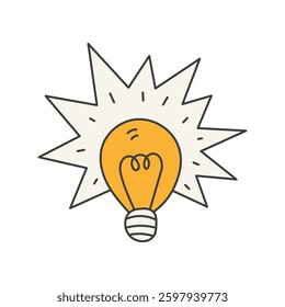 Glowing Light Bulb Icon. Hand drawn Idea symbol in quirky comic style. Outline cartoon vector illustration