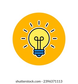Glowing light bulb icon on yellow circle background. Creativity idea symbol vector