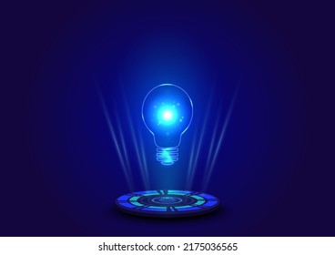 Glowing Light Bulb Idea Symbol Hologram Floating above Tech Circle, Innovation and Creativity Futuristic Technology Background, Energy Saving and Thinking Solution Concept Backdrop