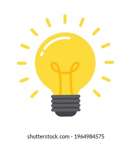 Glowing light bulb isolated on white background. Symbol concept of idea, knowledge, creativity, or inspiration. Simple trendy cute cartoon vector illustration. Modern flat style graphic design icon.