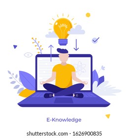 Glowing light bulb and man sitting cross-legged on laptop computer and meditating. Concept of e-knowledge, distant learning, online courses, creative idea generation. Modern flat vector illustration.