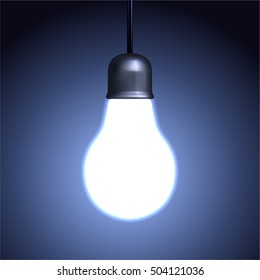 Glowing light bulb on blue background, vector illustration