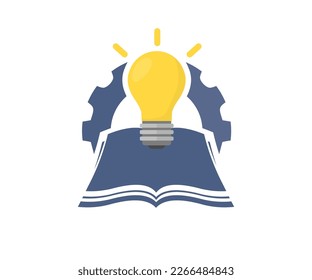 Glowing light bulb on a book, Inspiring from read book logo design. Gear idea bulb lamp. Business and education idea concept. Education, knowledge creates ideas concept, vector design and illustration