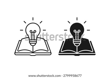 Glowing light bulb on open book icon set linear and solid style. Creative idea, knowledge, education, and inspiration