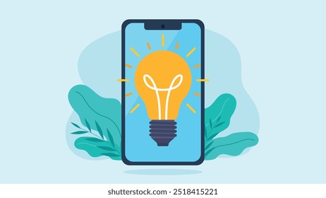 Glowing light bulb on phone screen. Modern phone. Behind the phone in the background are plants. Vector graphics in flat design style.